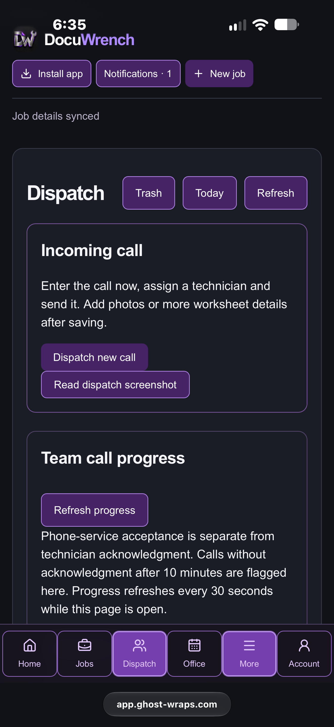 Actual DocuWrench dispatch screen