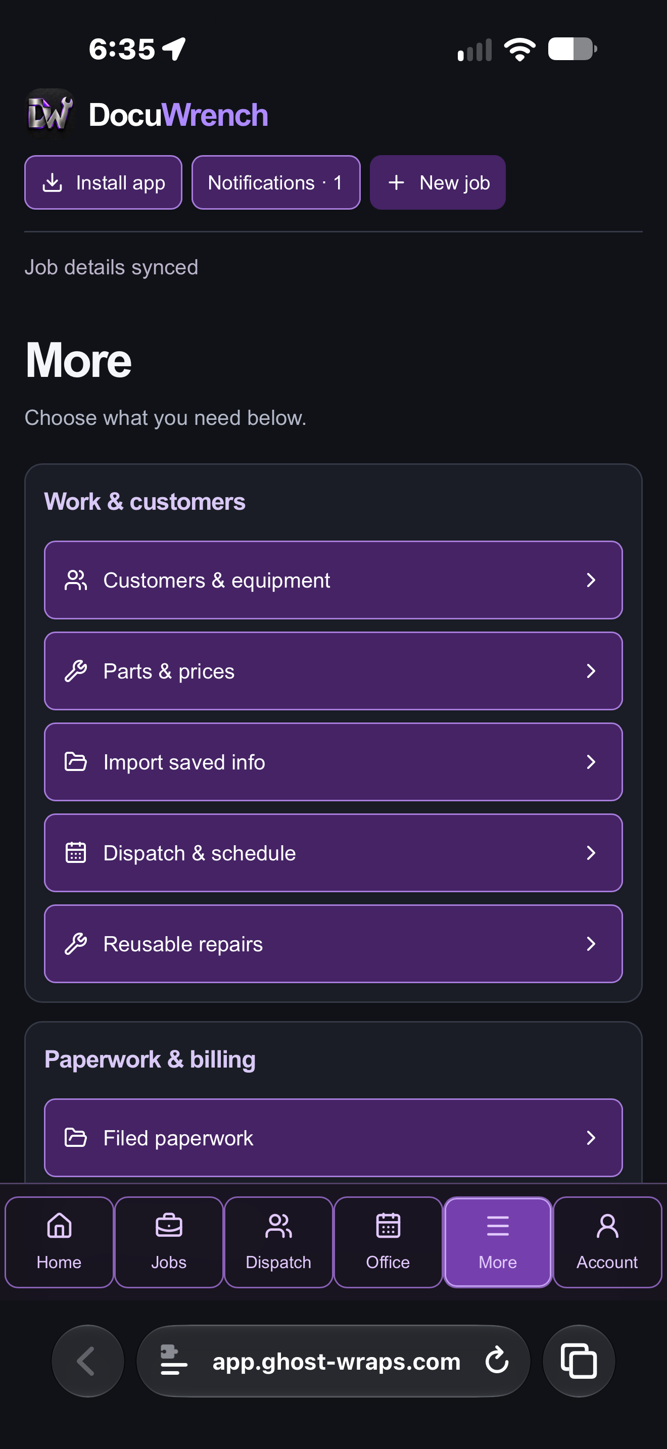 Actual DocuWrench tools screen