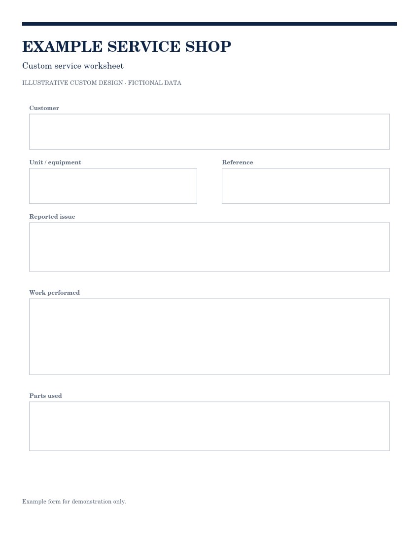 Illustrative blank service form with spaces for customer, unit, reference, reported issue, work performed and parts.