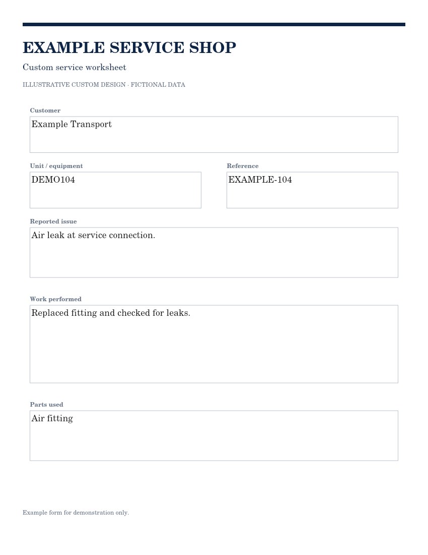 The same custom form populated with fictional Example Transport job details and an air-fitting repair.