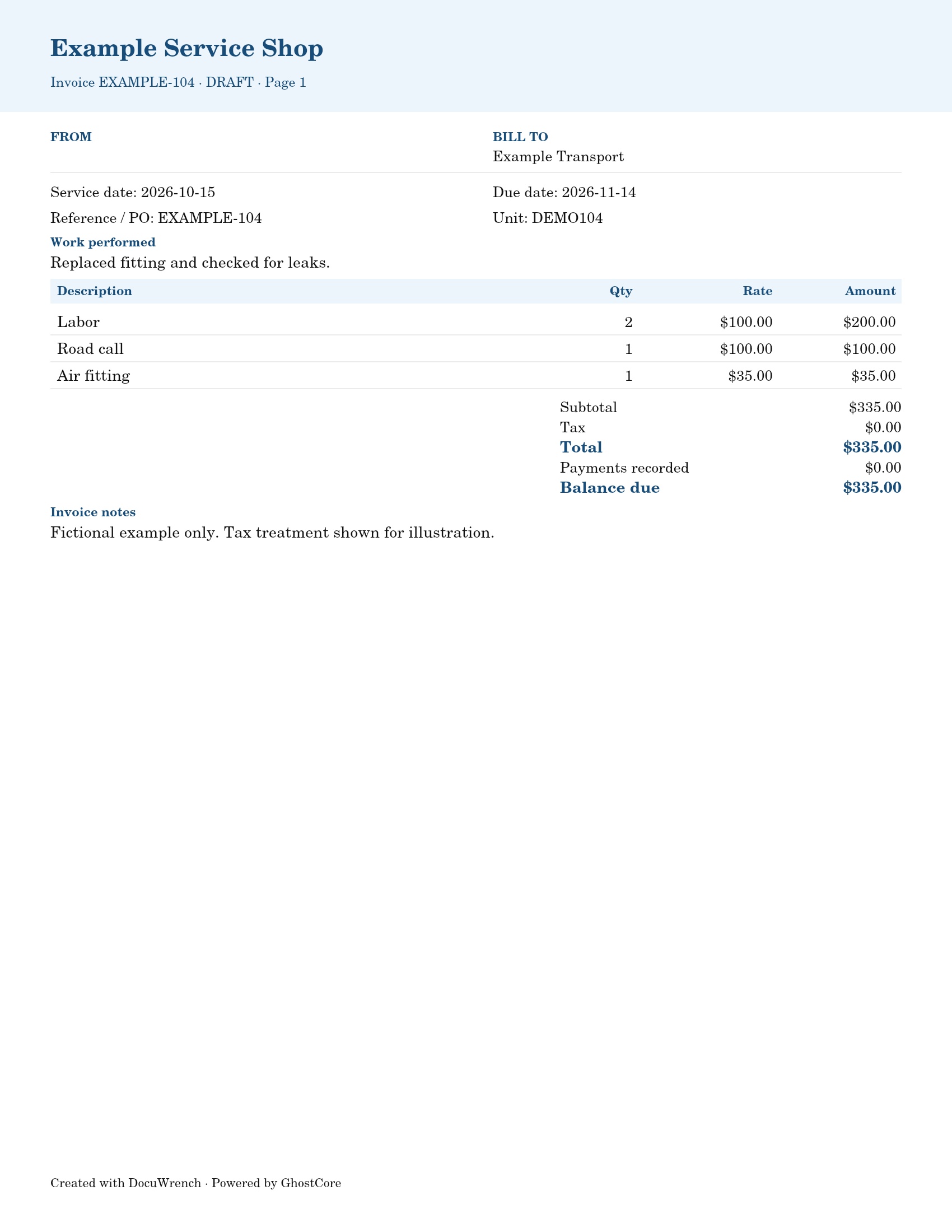 Matching invoice draft EXAMPLE-104 for Example Transport, unit DEMO104: labor $200, road call $100, fitting $35; total $335.