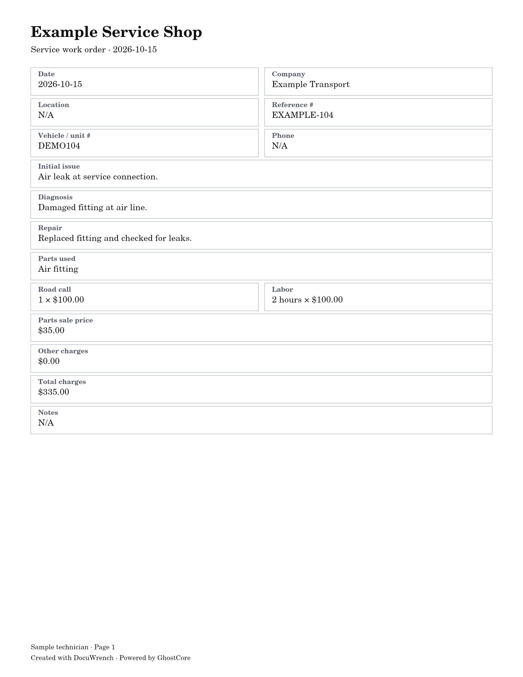 Sample service worksheet for Example Transport, unit DEMO104: replaced an air fitting; two labor hours, one road call and a part total $335.