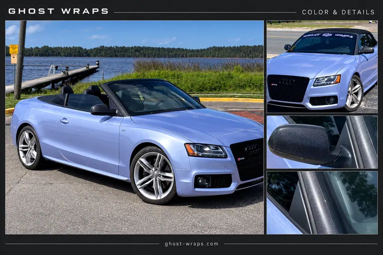 Lavender Audi convertible with closeups of carbon-look mirror and windshield pillar wrap