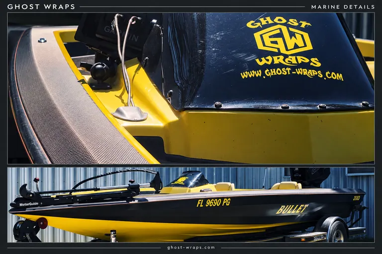 Black-and-yellow Bullet boat with a closeup of carbon-look trim and Ghost Wraps windshield graphics