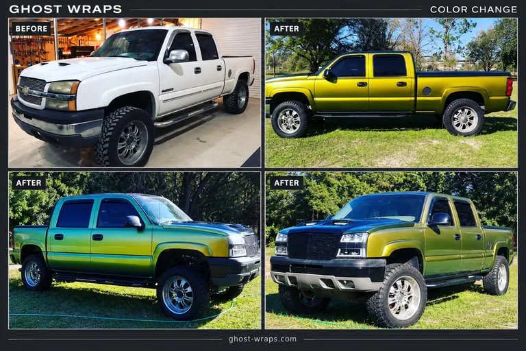 White Chevrolet pickup before wrapping and three views of a gold-green color-shift finish