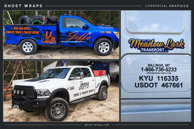 Ghost Wraps portfolio showing a blue Jeff’s service truck, white lettered Ram, and Meadow Lark Transport door graphics