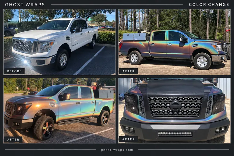 Before-and-after portfolio layout of a white Nissan Titan and its iridescent color-shift wrap