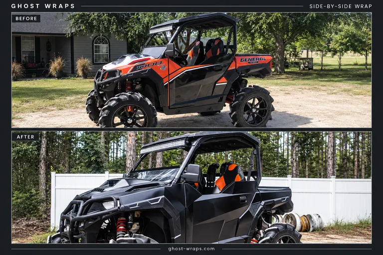 Orange Polaris General before wrapping and a black geometric wrap with silver accents afterward