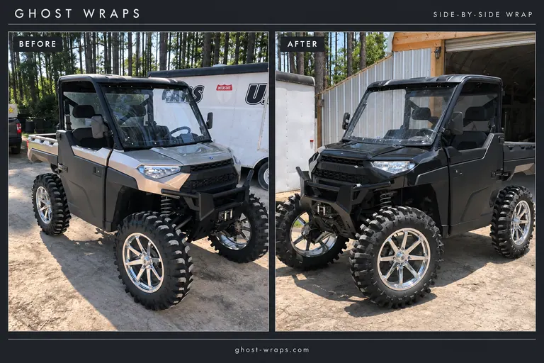 Tan Polaris Ranger before wrapping beside the black wrapped side-by-side