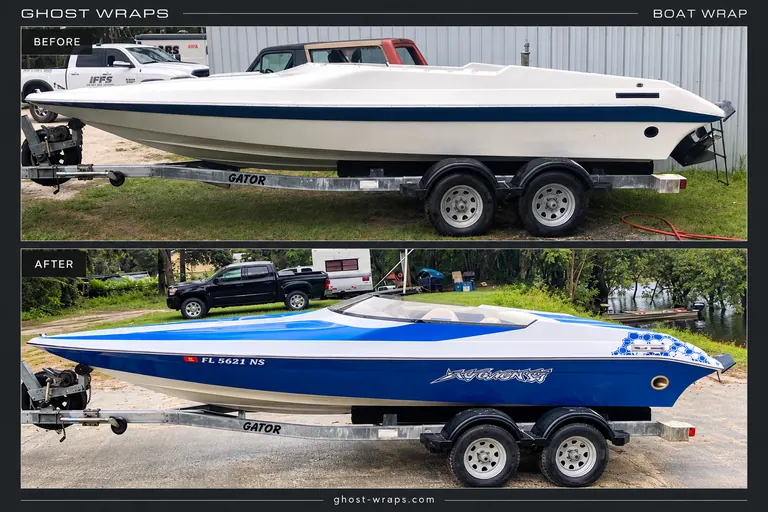 Before-and-after white and blue speedboat wrap completed by Ghost Wraps