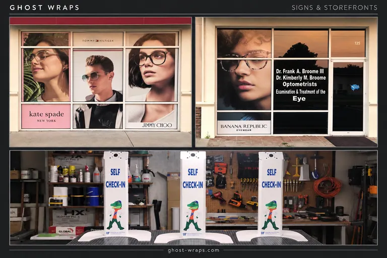 Broome Eye Care storefront window graphics and three UF self check-in display stands