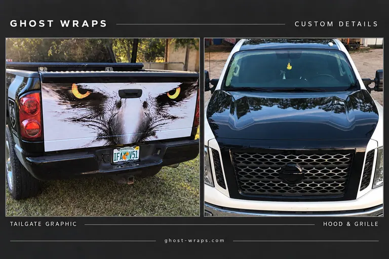Eagle graphic on a pickup tailgate beside a separate white Nissan truck with black hood and grille accents