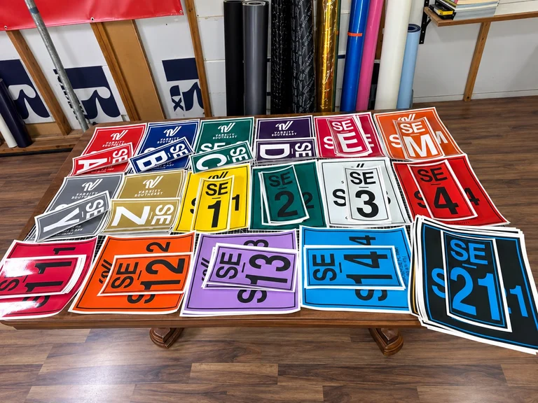 Colorful Varsity Southeast trailer identification decals arranged on a wood worktable