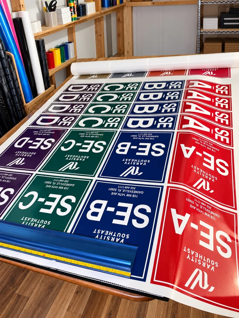Red, blue, green and purple Varsity Southeast graphics laid out in the workshop
